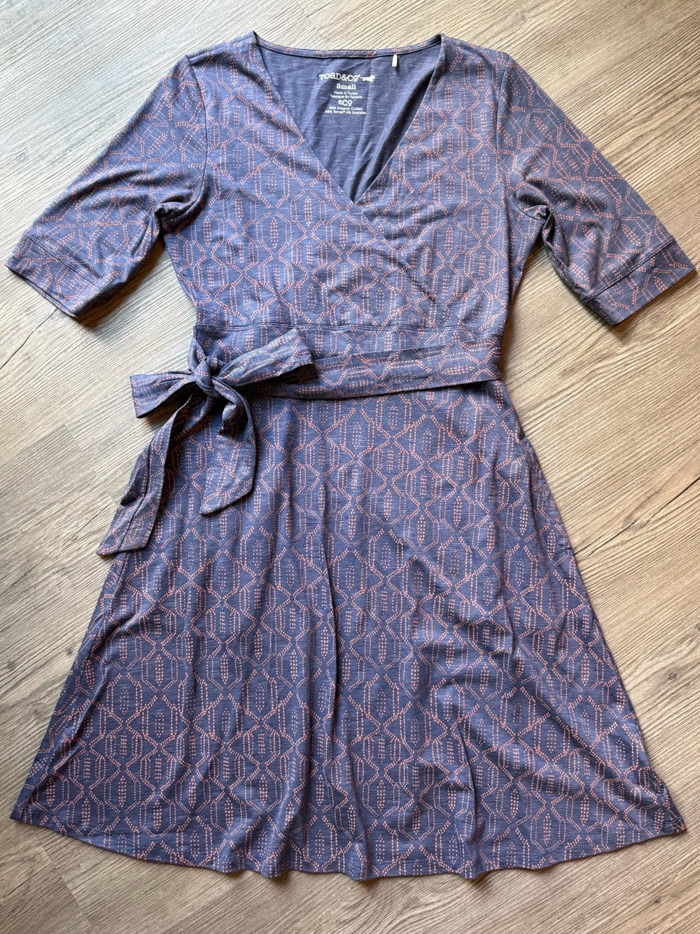 Toad & Co Wrap Dress Womens Small Blue Geometric Organic Cotton Tencel Tie Waist